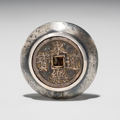 Lot 1240 - A RARE SILVER AND MIXED METAL SHUNGA KAGAMIBUTA WITH A ‘KAN'EI TSUHO’ COIN