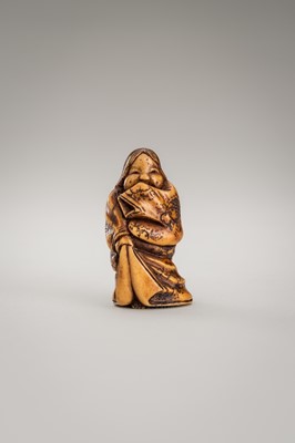 Lot 364 - MITSUHIRO: AN ANTLER NETSUKE OF OKAME