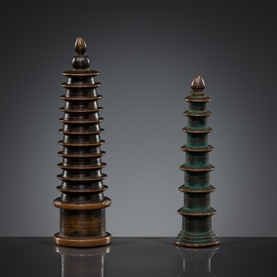 Lot 699 - TWO COPPER-ALLOY STUPA ‘PARASOL’ FINIALS, 18TH-19TH CENTURY OR EARLIER