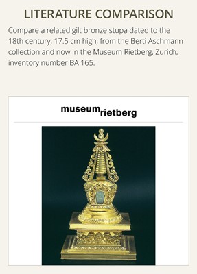 Lot 301 - A RARE TIBETAN GILT BRONZE MINIATURE STUPA, 18TH CENTURY