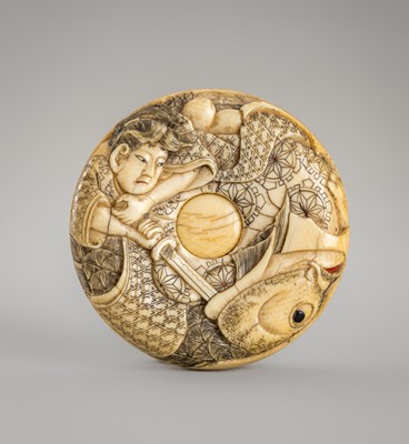 Lot 1419 - TOSHIMITSU: AN INLAID IVORY MANJU NETSUKE OF BENKEI KILLING A GIANT CARP