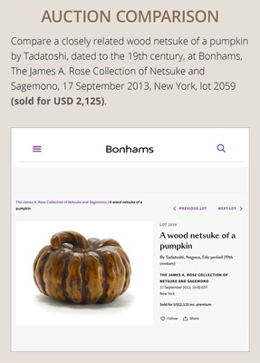 Lot 325 - TADATOSHI: A FINE NAGOYA SCHOOL WOOD NETSUKE OF A PUMPKIN