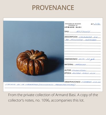 Lot 325 - TADATOSHI: A FINE NAGOYA SCHOOL WOOD NETSUKE OF A PUMPKIN
