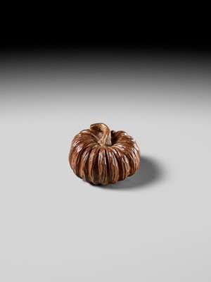 Lot 325 - TADATOSHI: A FINE NAGOYA SCHOOL WOOD NETSUKE OF A PUMPKIN