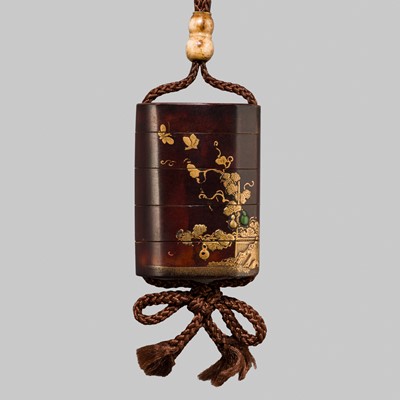 Lot 1122 - A SMALL FOUR-CASE LACQUER INRO WITH BUTTERFLIES AND GOURD VINES