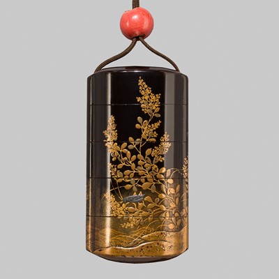 Lot 409 - A FINE FOUR CASE LACQUER INRO WITH INSECTS AMONG AUTUMNAL PLANTS