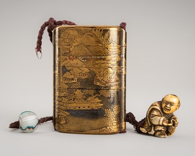 Lot 1148 - A FOUR-CASE LACQUER INRO DEPICTING A LANDSCAPE, WITH AN IVORY NETSUKE BY TADATOSHI