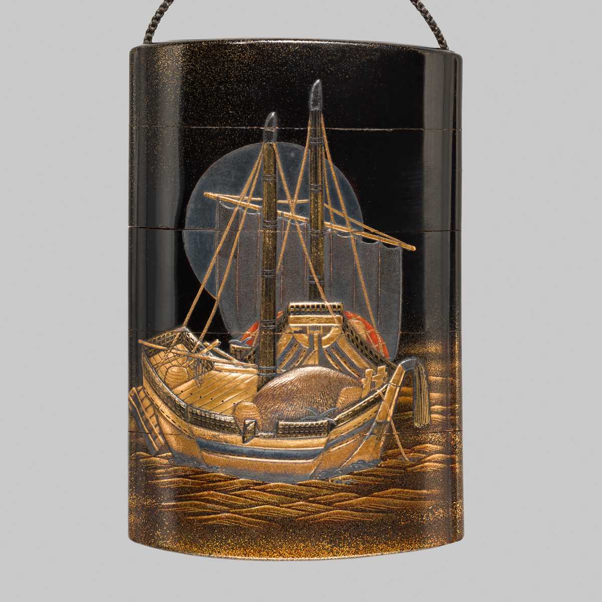 Lot 28 - KOMA KYUI II: A FOUR-CASE LACQUER INRO DEPICTING BOATS IN A HARBOR