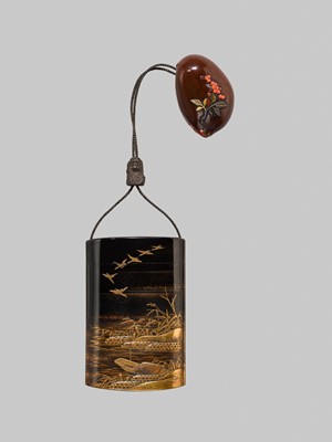 Lot 28 - KOMA KYUI II: A FOUR-CASE LACQUER INRO DEPICTING BOATS IN A HARBOR