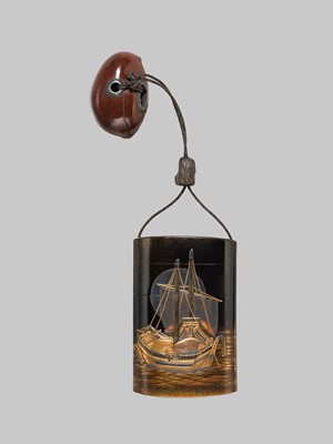 Lot 28 - KOMA KYUI II: A FOUR-CASE LACQUER INRO DEPICTING BOATS IN A HARBOR