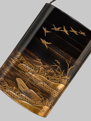 Lot 28 - KOMA KYUI II: A FOUR-CASE LACQUER INRO DEPICTING BOATS IN A HARBOR