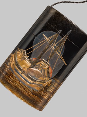 Lot 28 - KOMA KYUI II: A FOUR-CASE LACQUER INRO DEPICTING BOATS IN A HARBOR