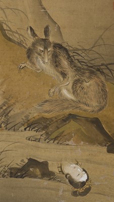 Lot 256 - OGATA: A SILK SCROLL PAINTING OF A KITSUNE FOX SPIRIT TRANSFORMING INTO A WOMAN