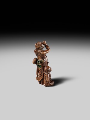 Lot 201 - BAISEN: A RARE WOOD NETSUKE GROUP OF TWO FOREIGN EGG TESTERS