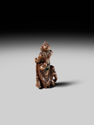 Lot 201 - BAISEN: A RARE WOOD NETSUKE GROUP OF TWO FOREIGN EGG TESTERS