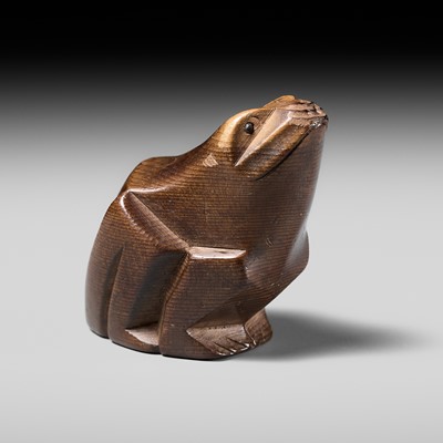 Lot 187 - KAZUYUKI: A RARE ITTOBORI YEW WOOD NETSUKE OF A CROUCHING FROG