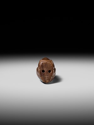 Lot 187 - KAZUYUKI: A RARE ITTOBORI YEW WOOD NETSUKE OF A CROUCHING FROG