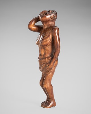 Lot 1593 - A TALL WOOD NETSUKE OF AN EMACIATED MAN