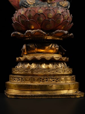 Lot 157 - A GILT AND POLYCHROMED WOOD FIGURE OF AIZEN MYO-O, MUROMACHI PERIOD