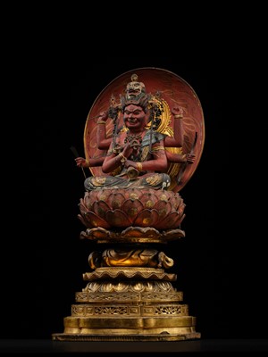 Lot 157 - A GILT AND POLYCHROMED WOOD FIGURE OF AIZEN MYO-O, MUROMACHI PERIOD