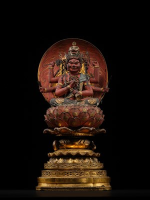 Lot 157 - A GILT AND POLYCHROMED WOOD FIGURE OF AIZEN MYO-O, MUROMACHI PERIOD