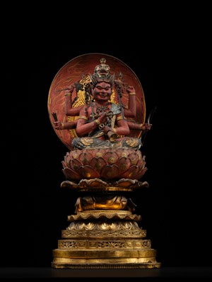 Lot 157 - A GILT AND POLYCHROMED WOOD FIGURE OF AIZEN MYO-O, MUROMACHI PERIOD