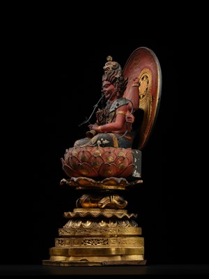 Lot 157 - A GILT AND POLYCHROMED WOOD FIGURE OF AIZEN MYO-O, MUROMACHI PERIOD