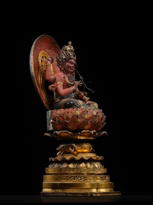 Lot 157 - A GILT AND POLYCHROMED WOOD FIGURE OF AIZEN MYO-O, MUROMACHI PERIOD