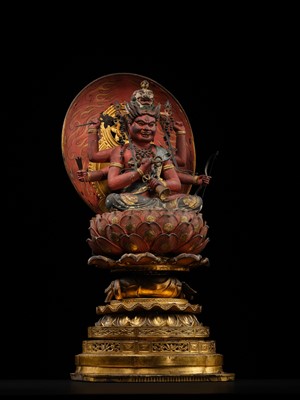 Lot 157 - A GILT AND POLYCHROMED WOOD FIGURE OF AIZEN MYO-O, MUROMACHI PERIOD