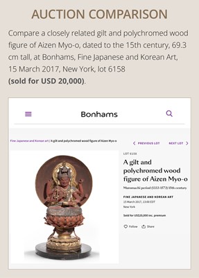 Lot 157 - A GILT AND POLYCHROMED WOOD FIGURE OF AIZEN MYO-O, MUROMACHI PERIOD