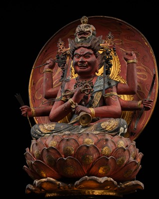 Lot 157 - A GILT AND POLYCHROMED WOOD FIGURE OF AIZEN MYO-O, MUROMACHI PERIOD