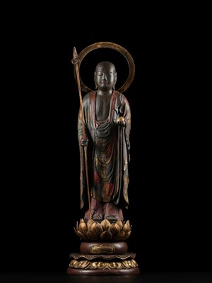A GILT AND POLYCHROME WOOD FIGURE OF JIZO BOSATSU, EDO PERIOD