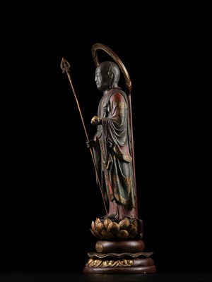 A GILT AND POLYCHROME WOOD FIGURE OF JIZO BOSATSU, EDO PERIOD