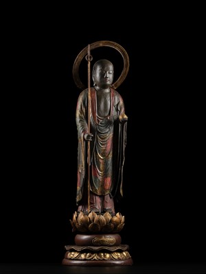 A GILT AND POLYCHROME WOOD FIGURE OF JIZO BOSATSU, EDO PERIOD