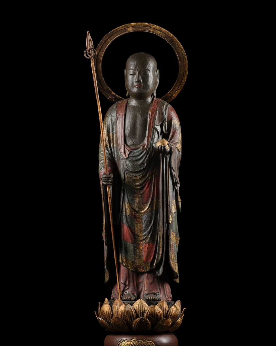 A GILT AND POLYCHROME WOOD FIGURE OF JIZO BOSATSU, EDO PERIOD