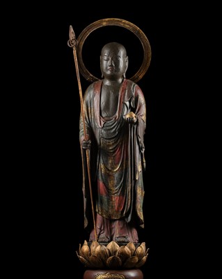 Lot 160 - A GILT AND POLYCHROME WOOD FIGURE OF JIZO BOSATSU, EDO PERIOD