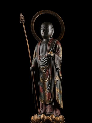 A GILT AND POLYCHROME WOOD FIGURE OF JIZO BOSATSU, EDO PERIOD
