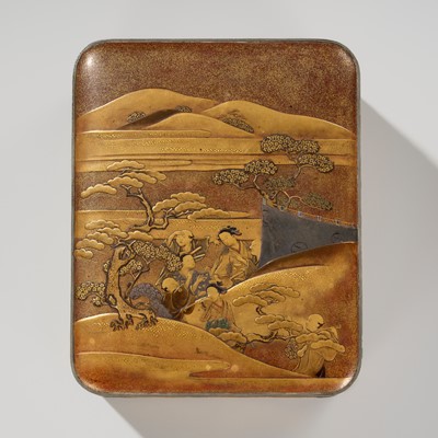 Lot 297 - A FINE LACQUER TEBAKO AND INTERIOR TRAY WITH COURTIERS IN A MOUNTAIN LANDSCAPE