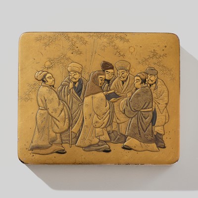 Lot 315 - A FINE LACQUER KOBAKO (SMALL BOX) AND COVER DEPICTING THE SEVEN SAGES OF THE BAMBOO GROVE