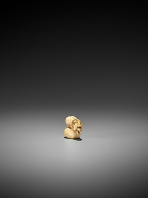 Lot 30 - AN EARLY AND AMUSING IVORY NETSUKE OF CHOKARO’S HORSE STUCK IN A GOURD