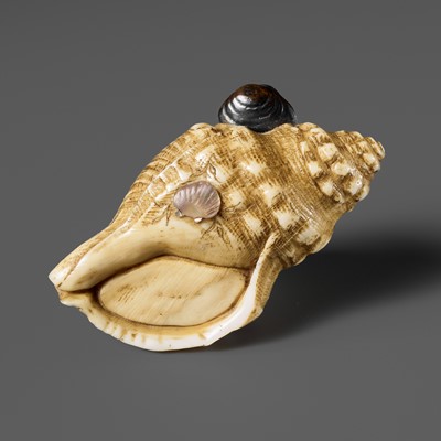 Lot 264 - A FINE SHIBAYAMA STYLE INLAID IVORY NETSUKE OF A HORAGAI