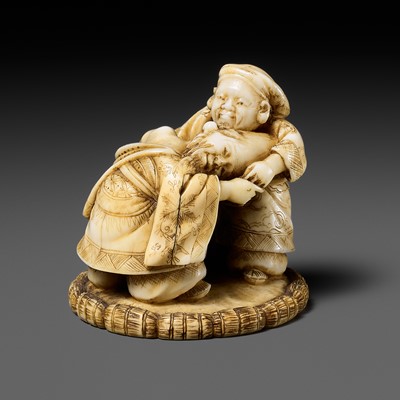 Lot 252 - BUNSEI: AN IVORY NETSUKE OF DAIKOKU AND FUKUROKUJU WRESTLING