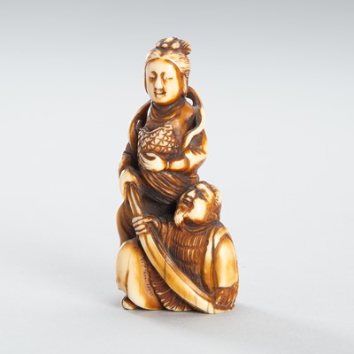 Lot 1728 - HIDECHIKA: A SPERM WHALE TOOTH NETSUKE OF URASHIMA TARO AND OTOHIME