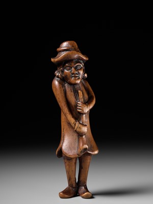 Lot 199 - AN EARLY WOOD NETSUKE OF A DUTCHMAN