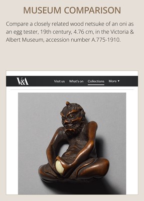 Lot 425 - A RARE WOOD NETSUKE OF AN ONI PARODYING AN EGG TESTER