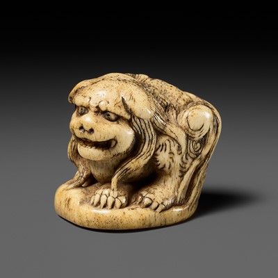 Lot 304 - A FINE ANTLER NETSUKE OF A SHISHI