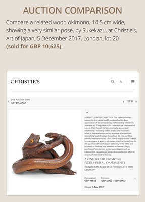 Lot 121 - HARUMITSU: A SUPERB WOOD NETSUKE OF A SNAKE PREYING ON A FROG, SANSUKUMI