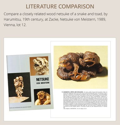 Lot 121 - HARUMITSU: A SUPERB WOOD NETSUKE OF A SNAKE PREYING ON A FROG, SANSUKUMI