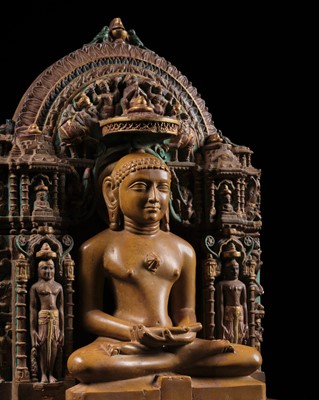 Lot 640 - A JAIN LIMESTONE FIGURE OF AJITHANATHA WITH ITS MATCHING PAINTED AND GILT-DECORATED SHRINE