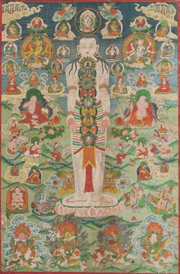 Lot 32 - A LARGE NEWARI PAINTING OF THE COSMIC MAN, CENTRAL TIBET, 19TH CENTURY